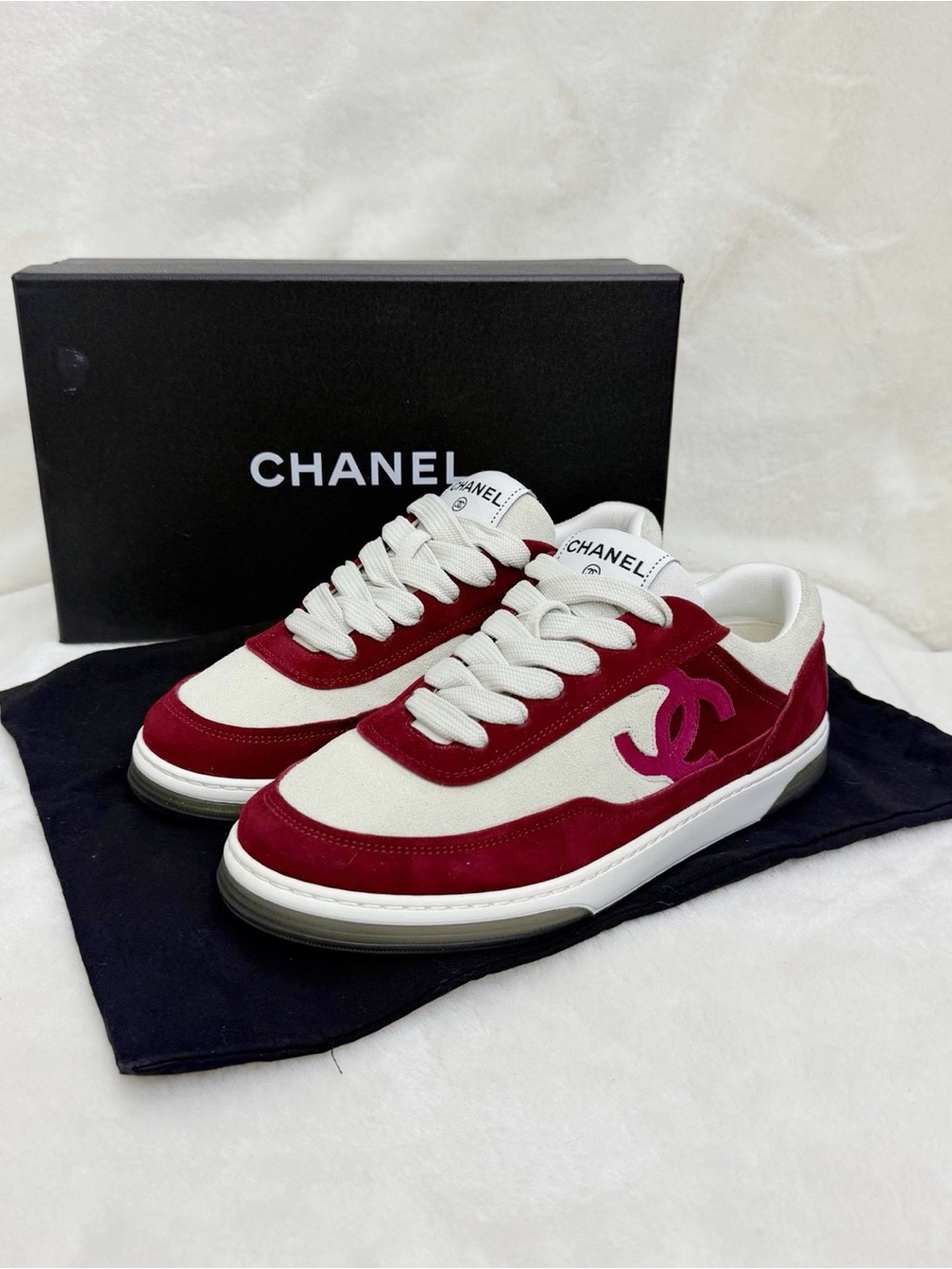 CHANEL  Low-Top Sneakers in White & Burgundy with Pink Logo